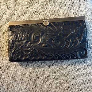 Patricia Nash Navy Tooled Floral Leather Wallet with Metal Frame